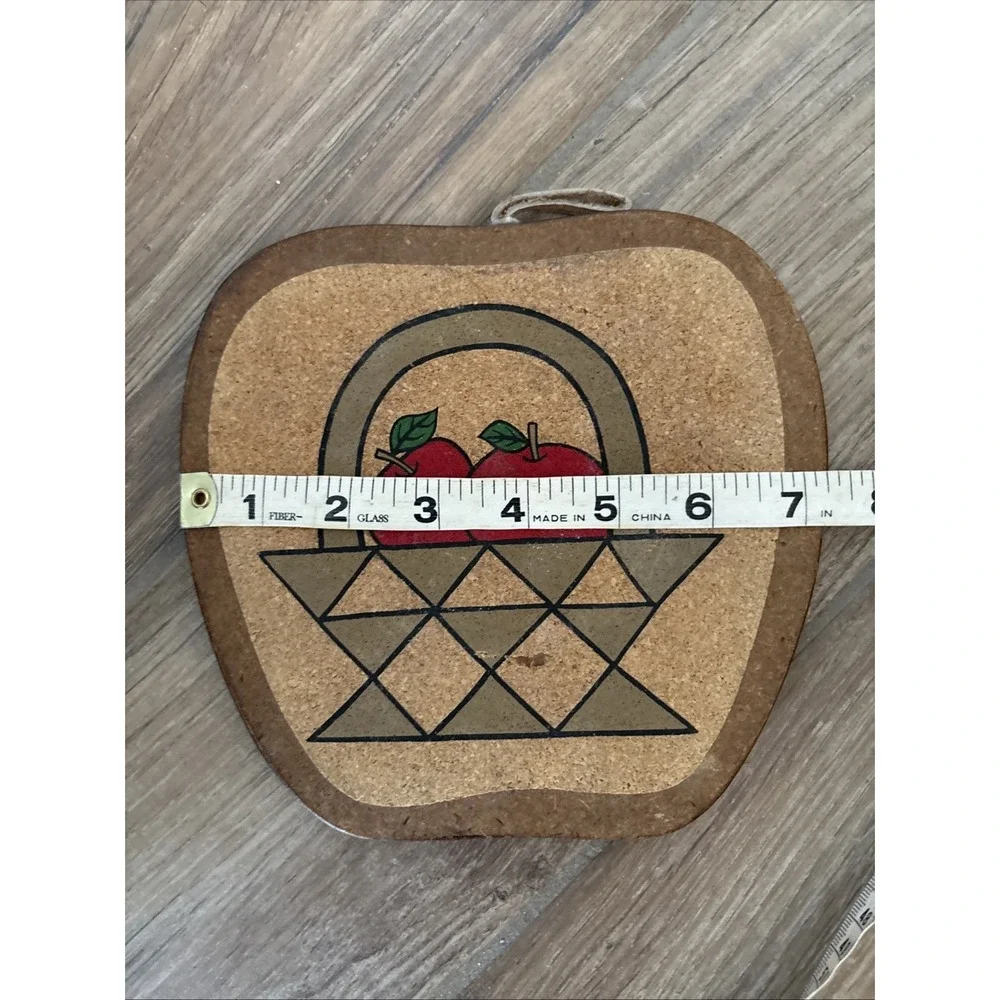 Vintage Trivet Fruit Designs Apple In Basket Cork on Wood Apple Shaped